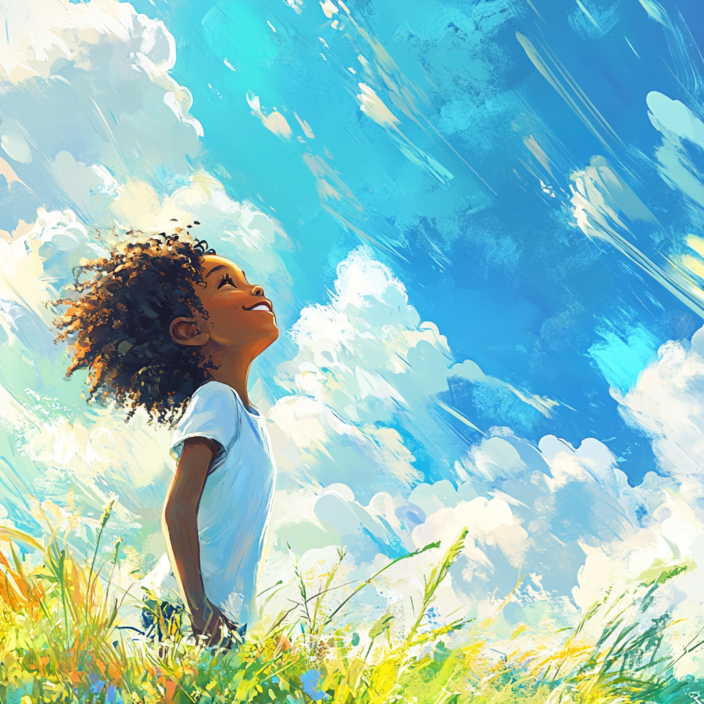 Confident Black child in vibrant, limitless sky scene.