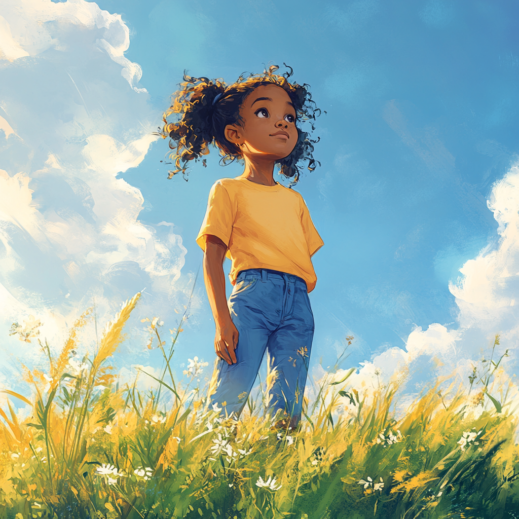 Confident Black child standing joyfully under blue sky