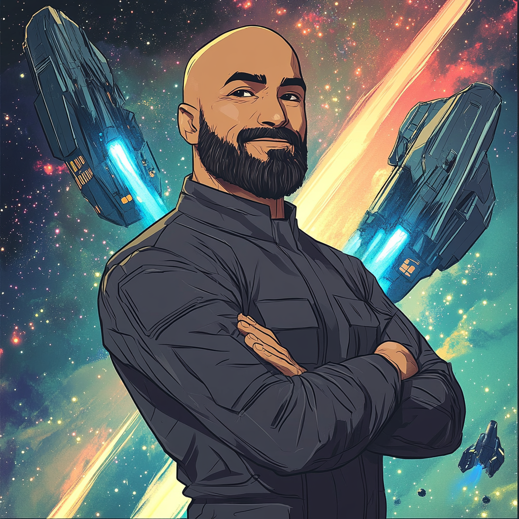 Confident Dominican man in military attire with futuristic space fleet.