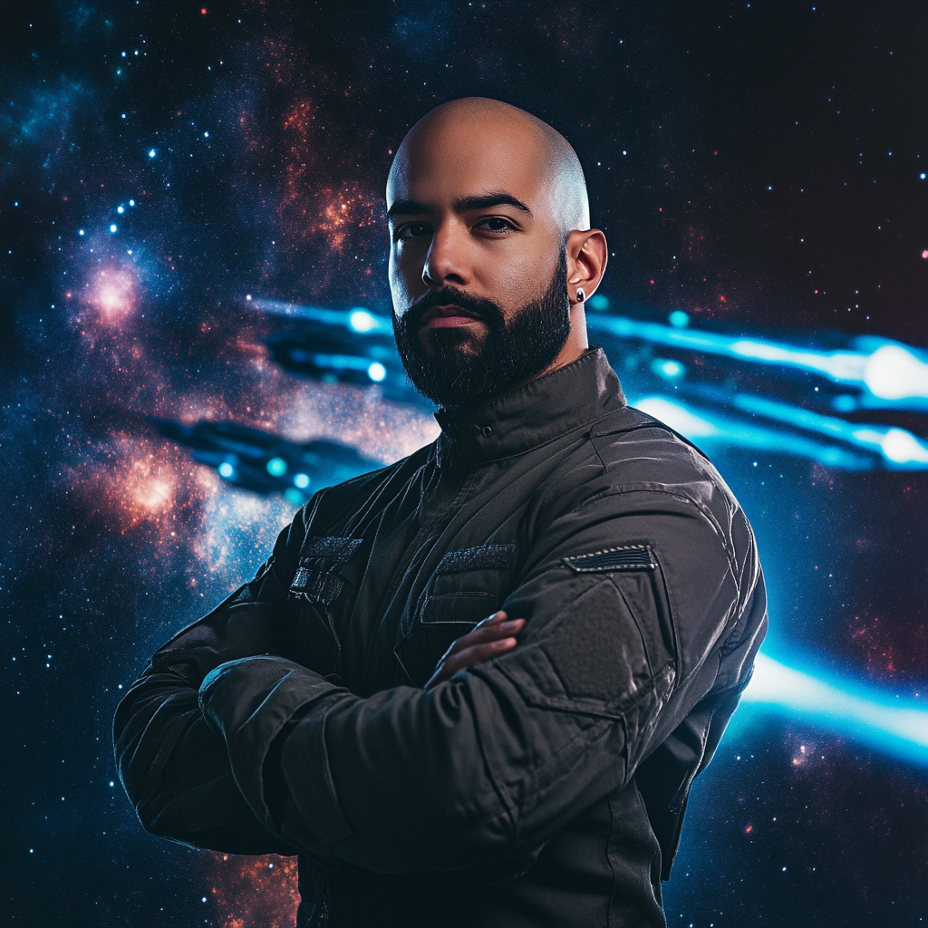 Confident Dominican man in military clothes with futuristic space fleet.