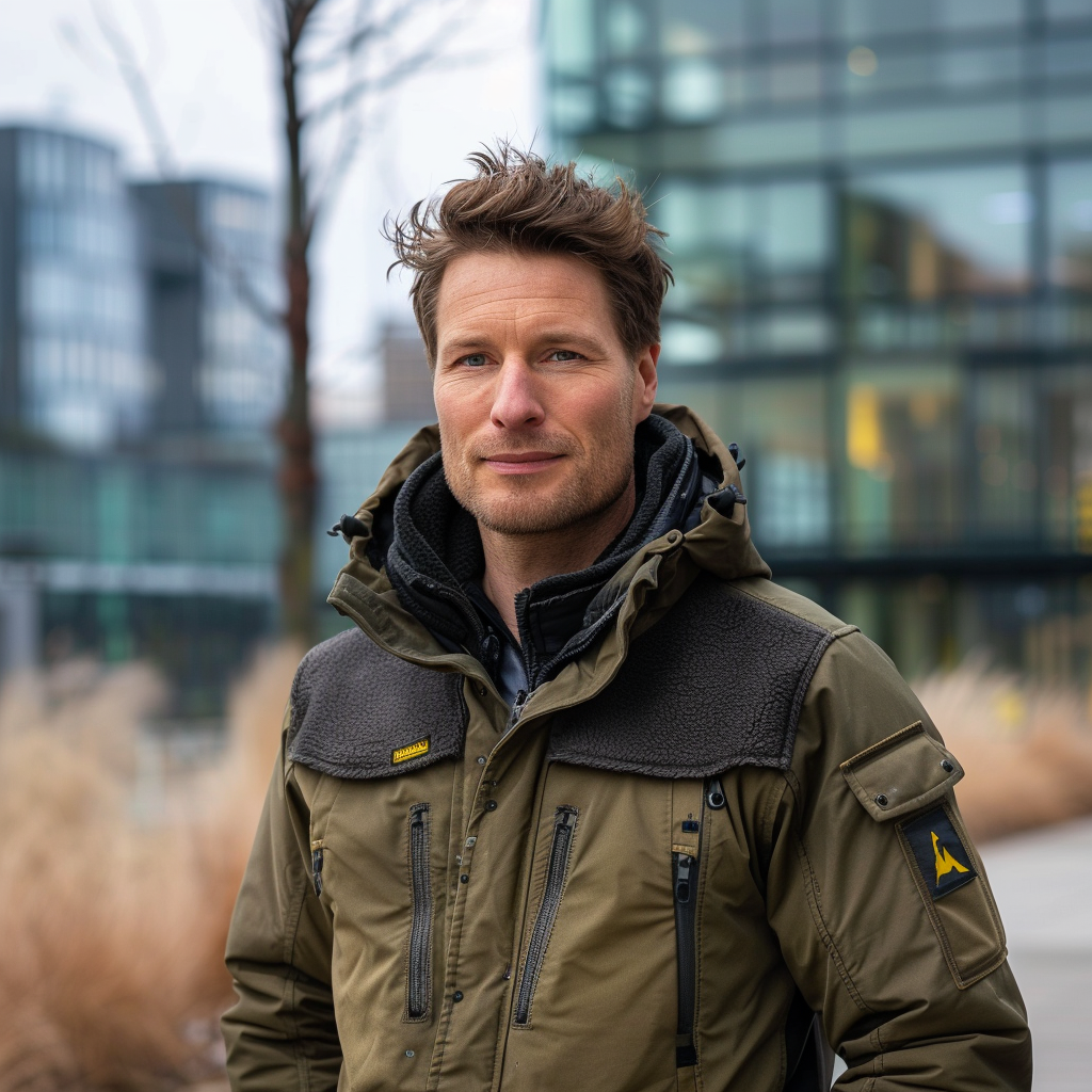 Confident German man in outdoor jacket, urban background.