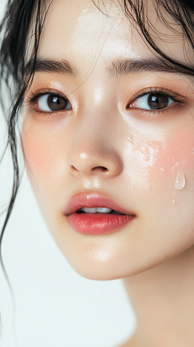 Confident Korean Woman Applying Facial Oil Beautifully