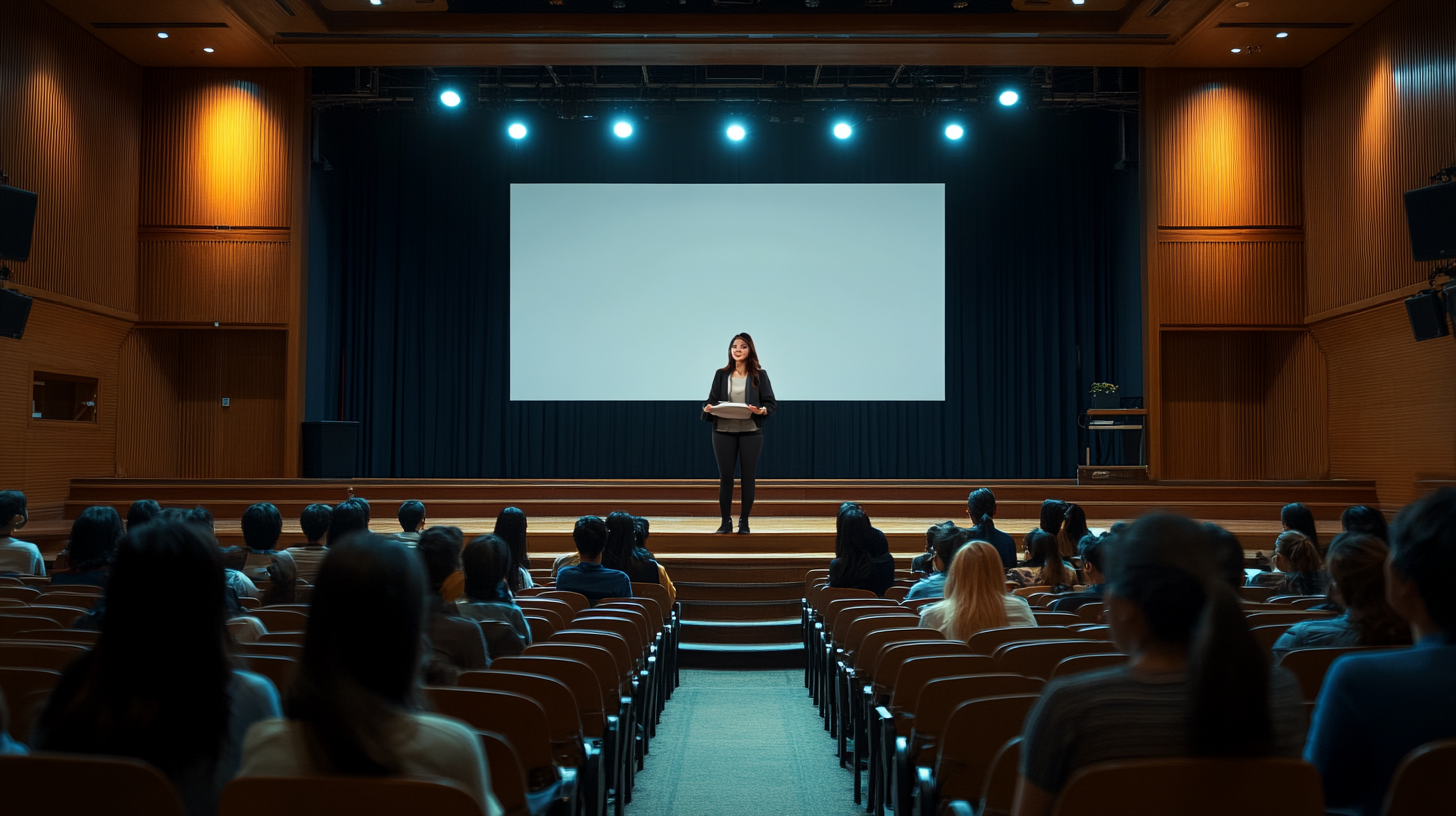 Confident Korean woman lecturing with exquisite presentation screen.