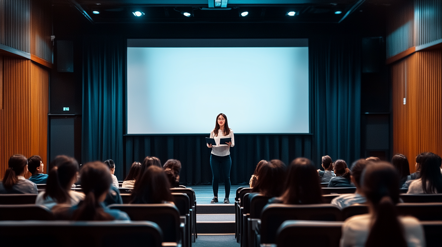 Confident Korean woman lecturing with stunning presentation screen.