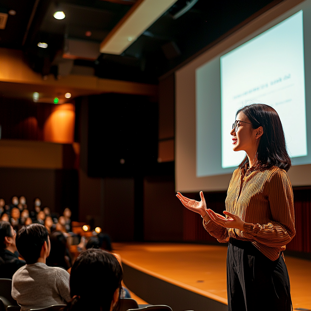 Confident Korean woman presenting in modern auditorium.