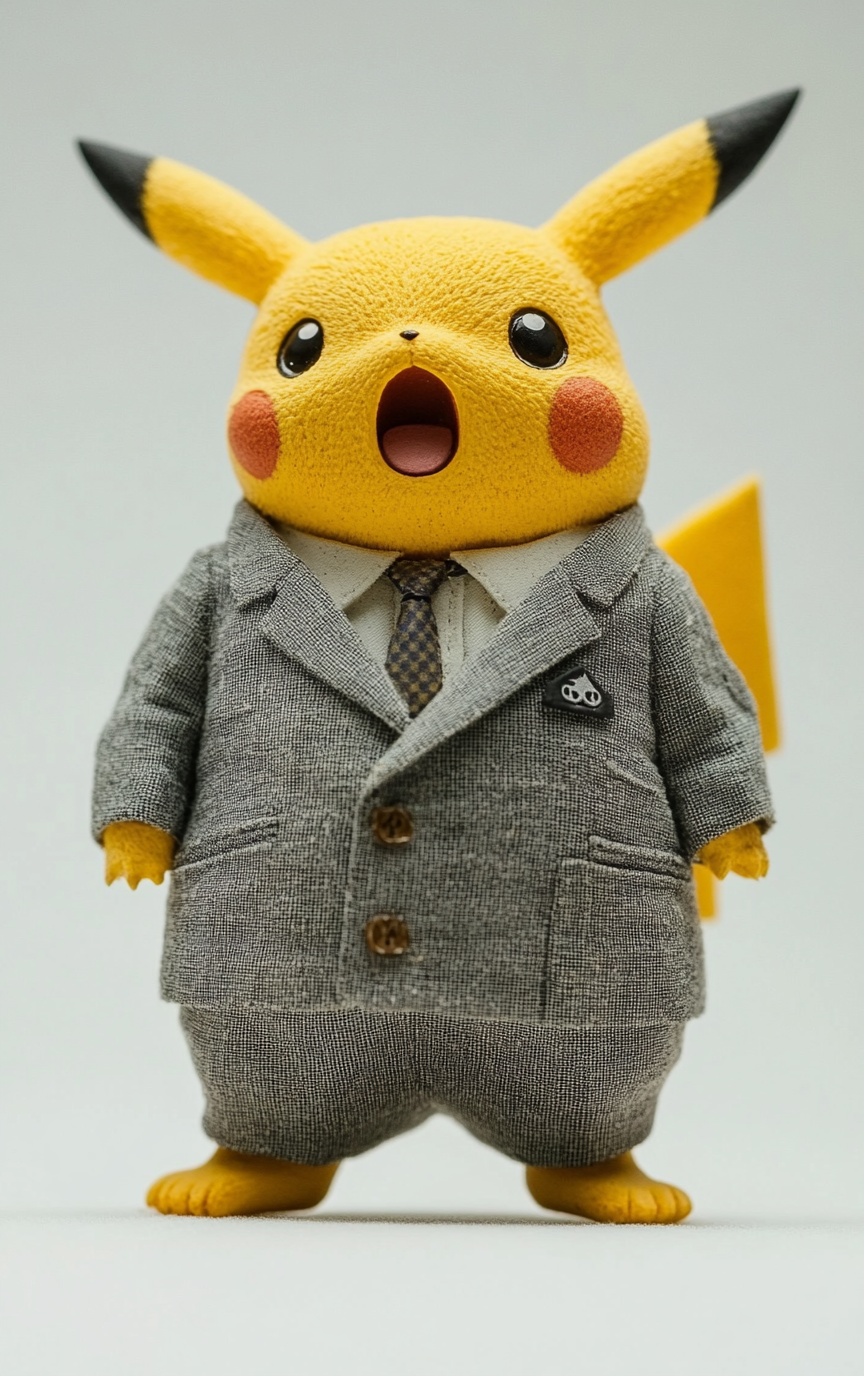 Confident Pikachu giving speech in diorama, white background tilt-shift