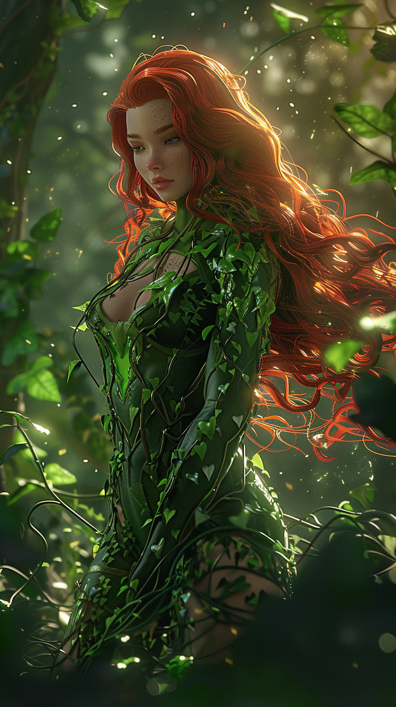 Confident Poison Ivy in garden, vines wrap around arms.