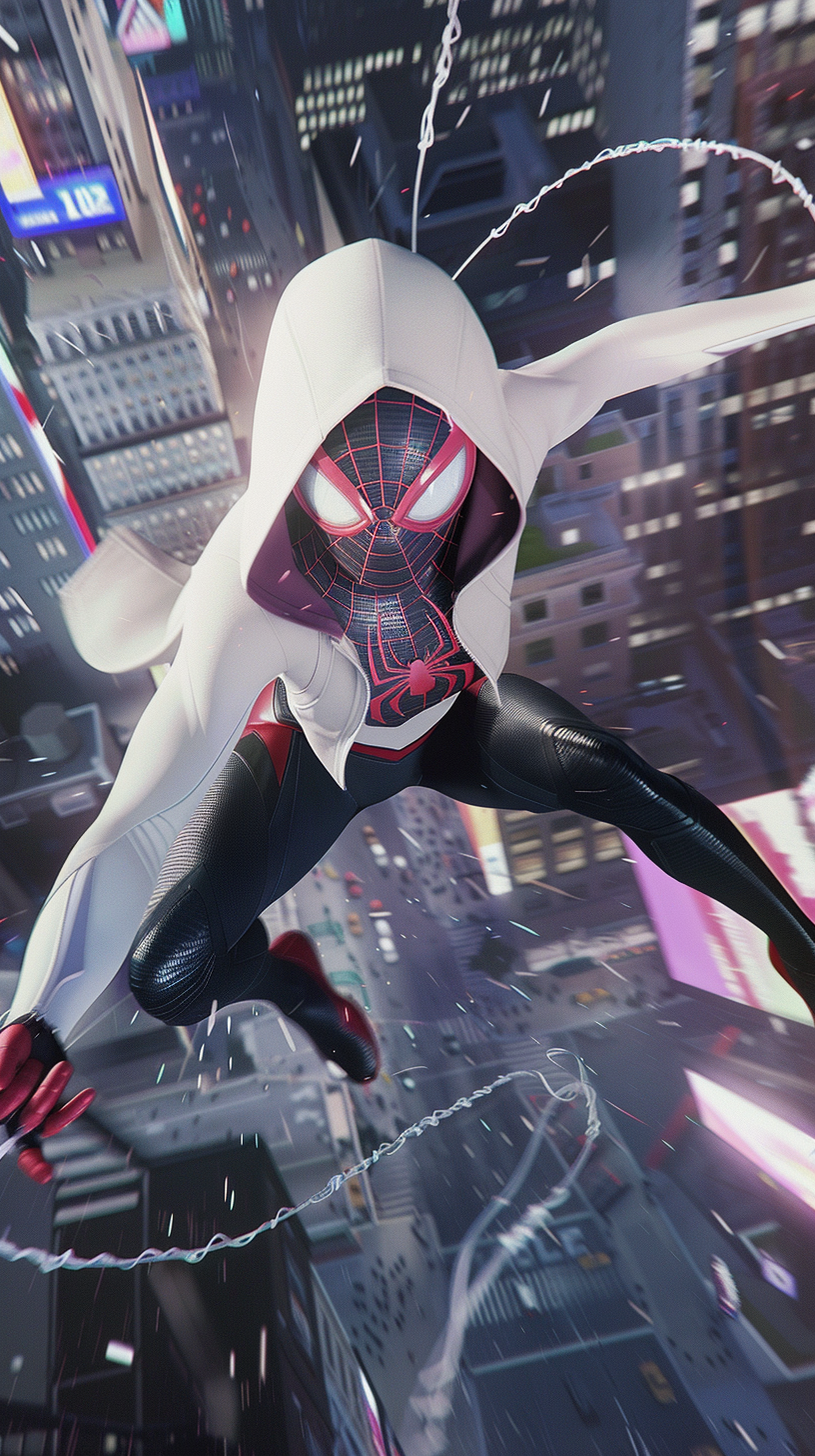 Confident Spider-Gwen flips through city, unmasked and joyful.