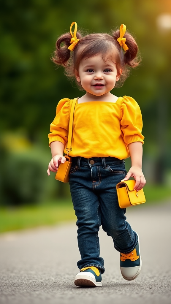 Confident Young Child in Trendy Outfit Strolling Outdoors