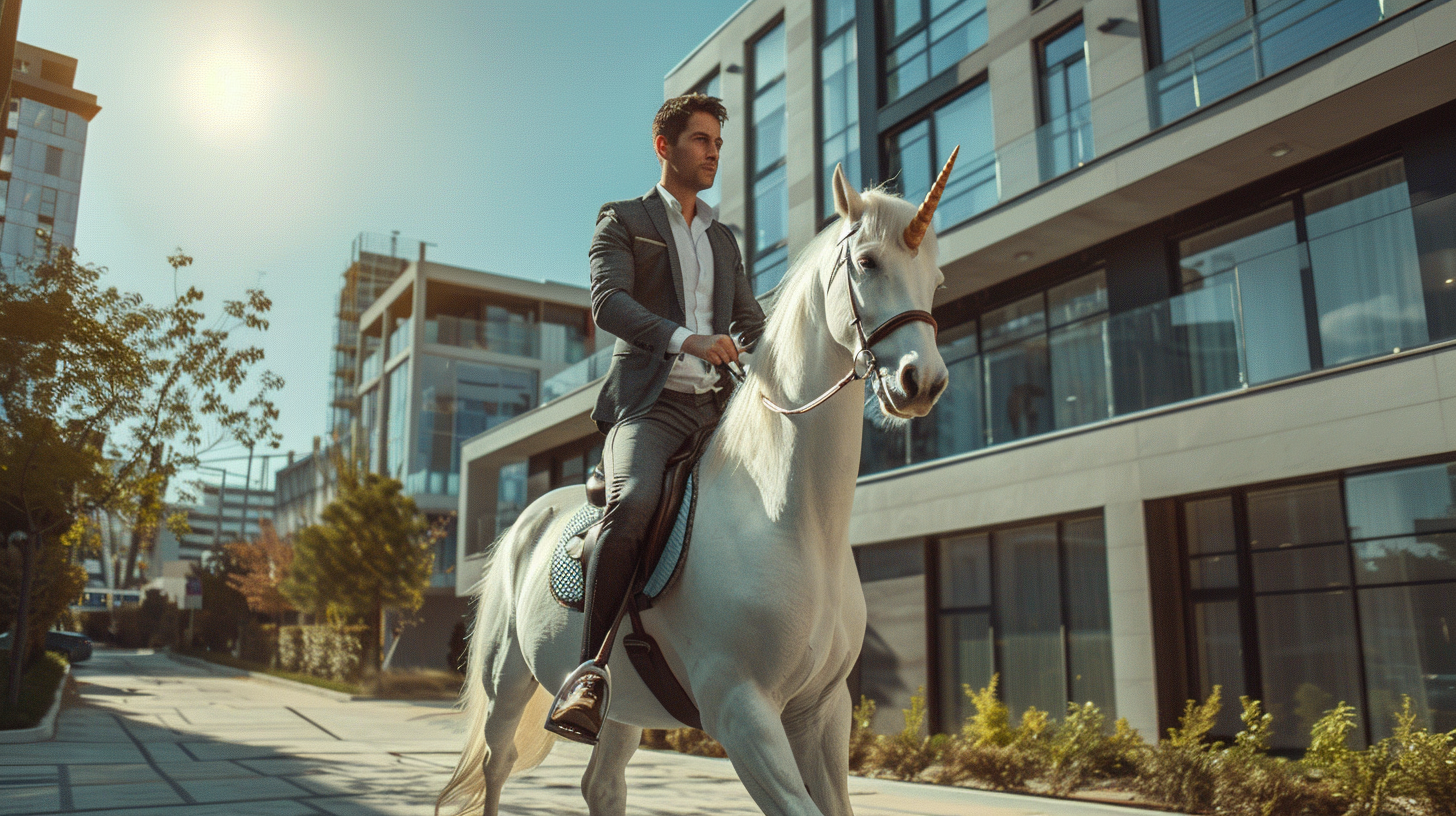 Confident agent rides unicorn in modern neighborhood setting.