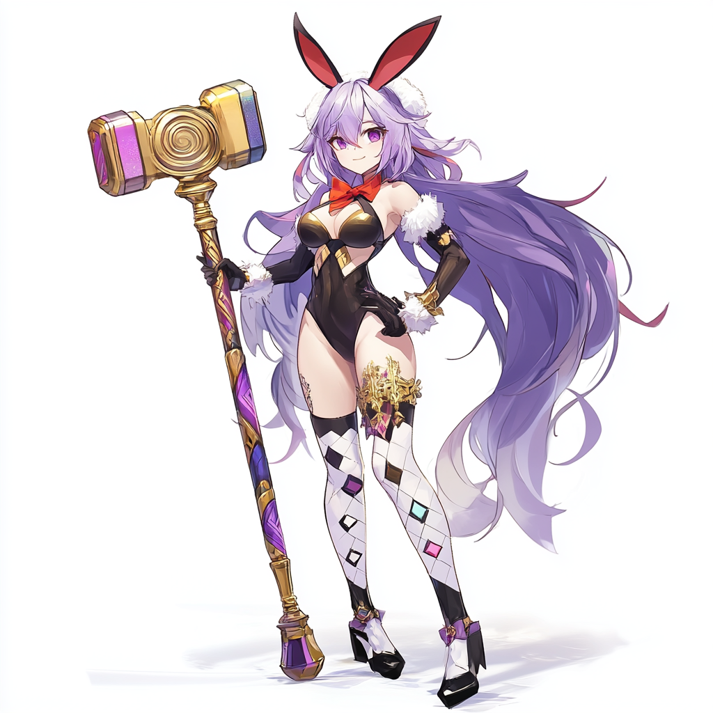 Confident anime girl with purple hair, bunny ears, hammer.