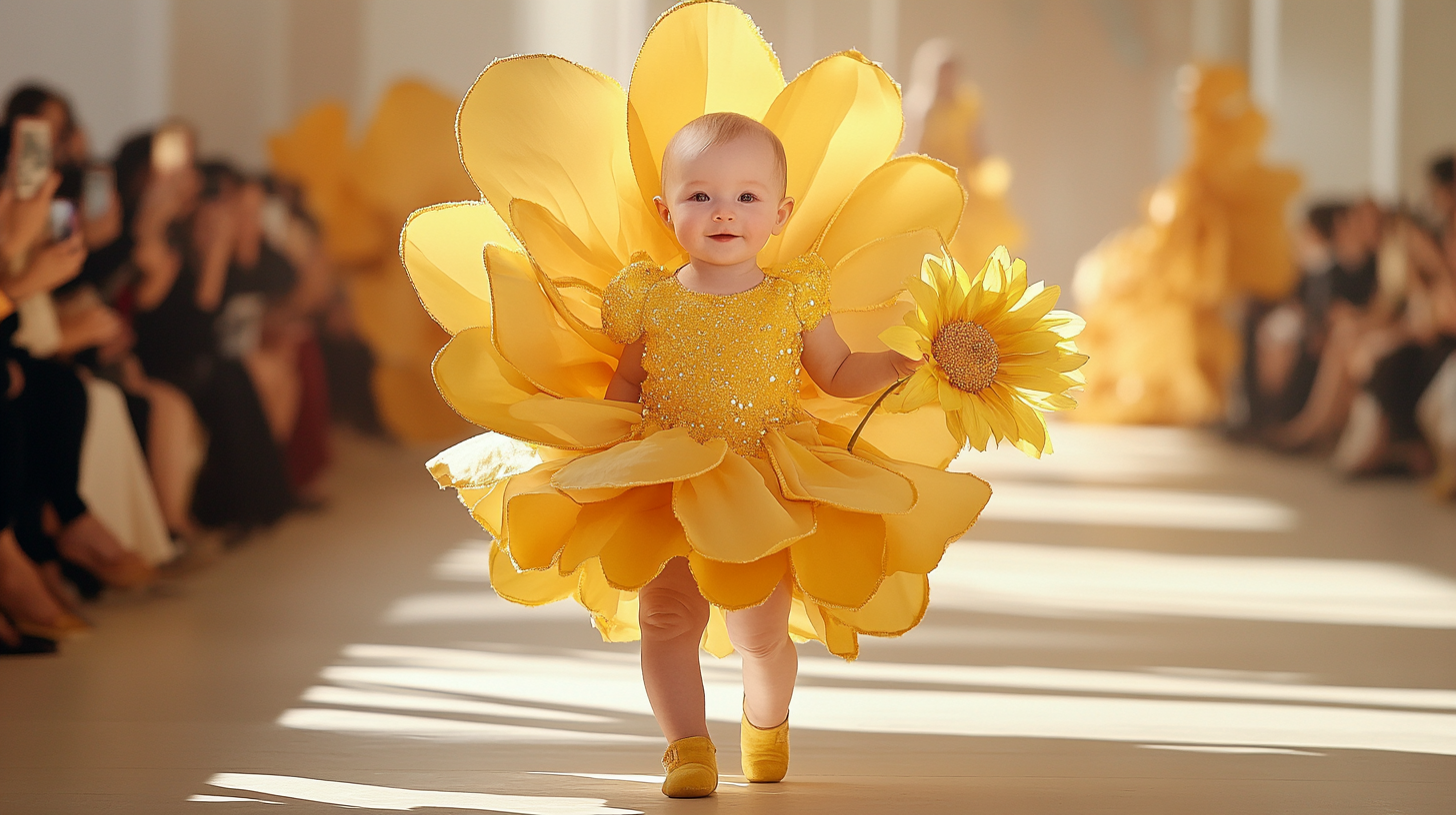 Confident baby in yellow flower outfit walks runway beautifully.