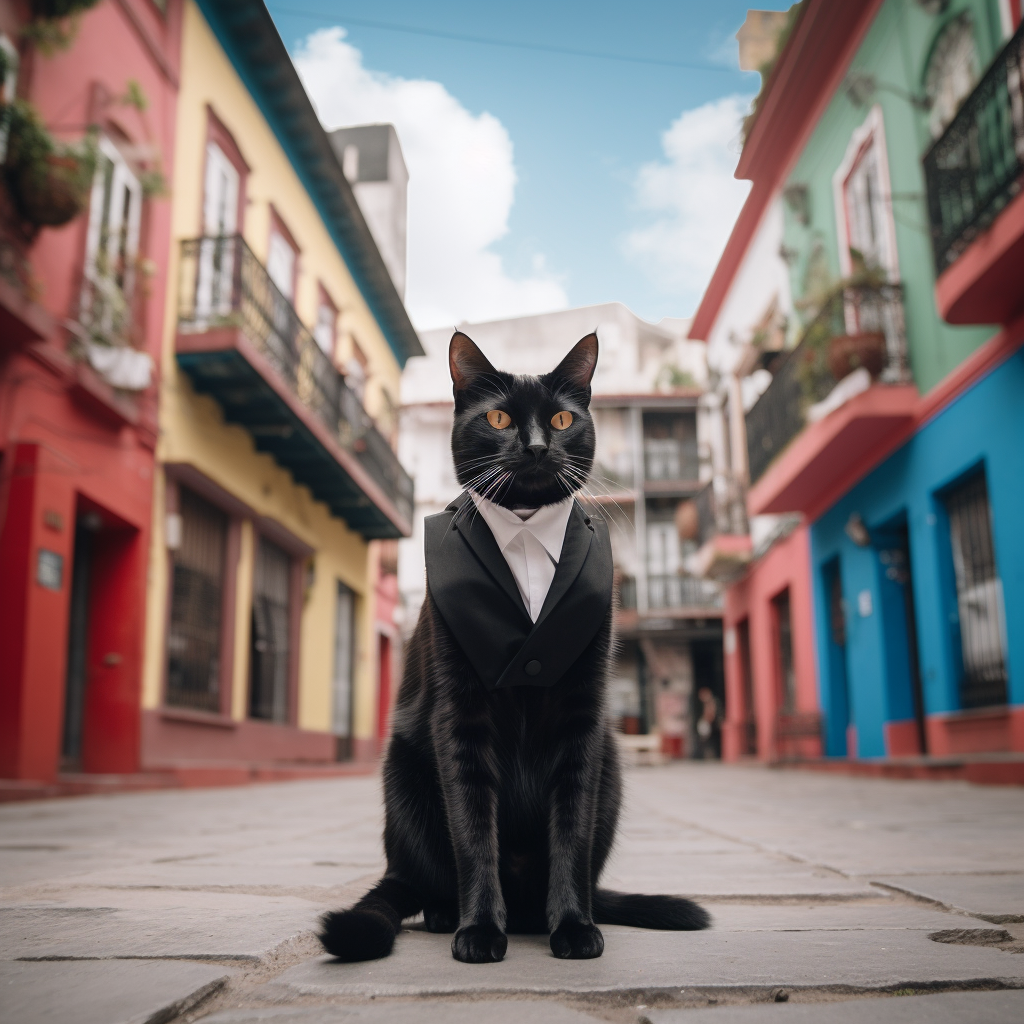 Confident black cat on colorful Venezuelan street, professional style.