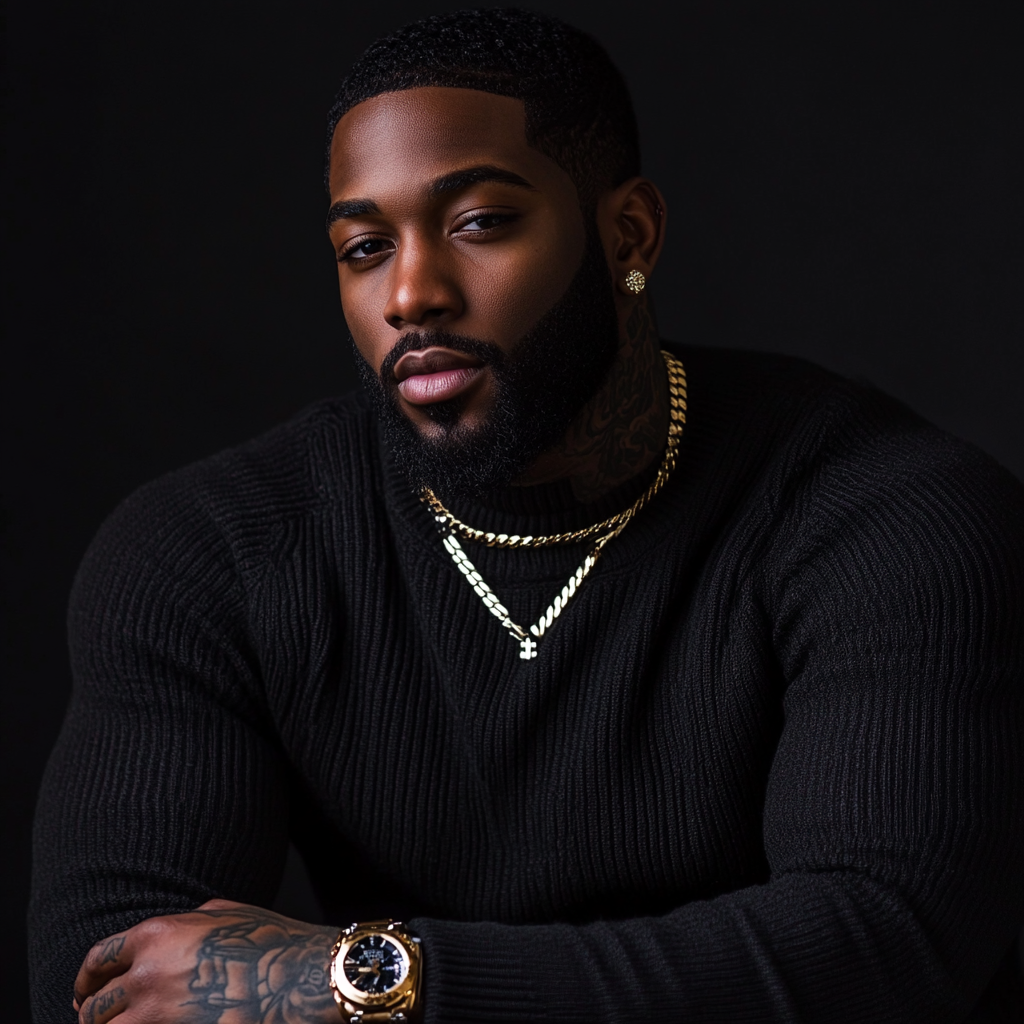 Confident black man in black sweater with tattoos sitting.