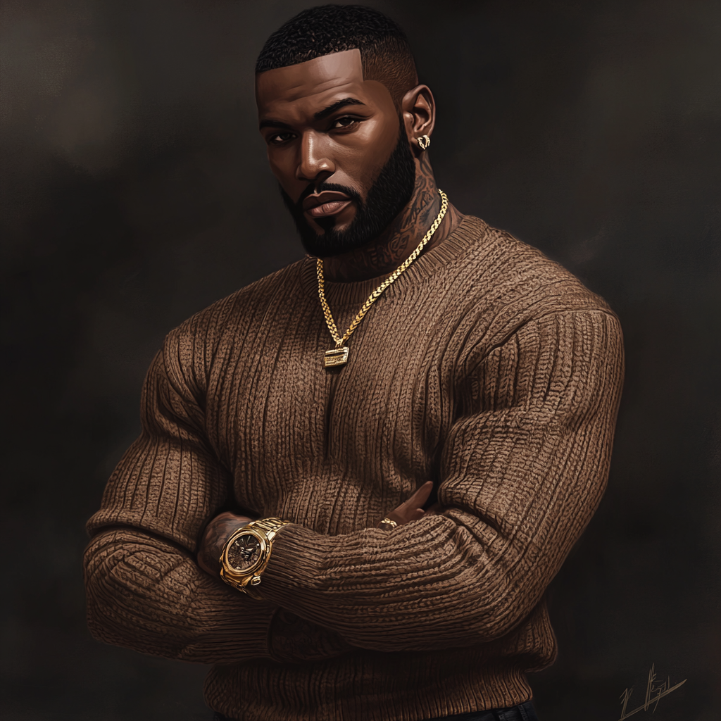 Confident black man in brown sweater with tattoos.