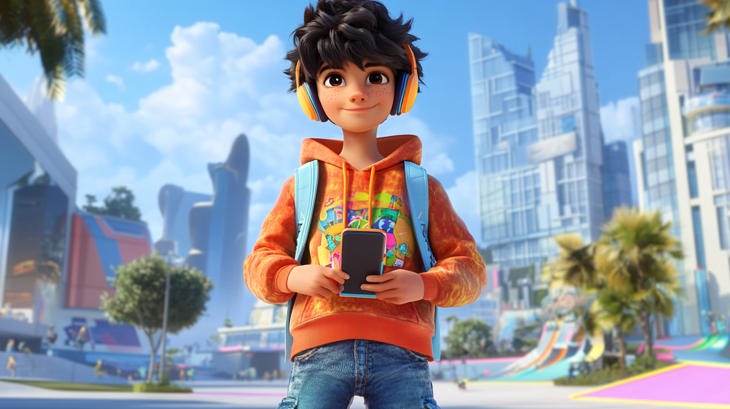 Confident boy in trendy outfit with smartphone outdoors.