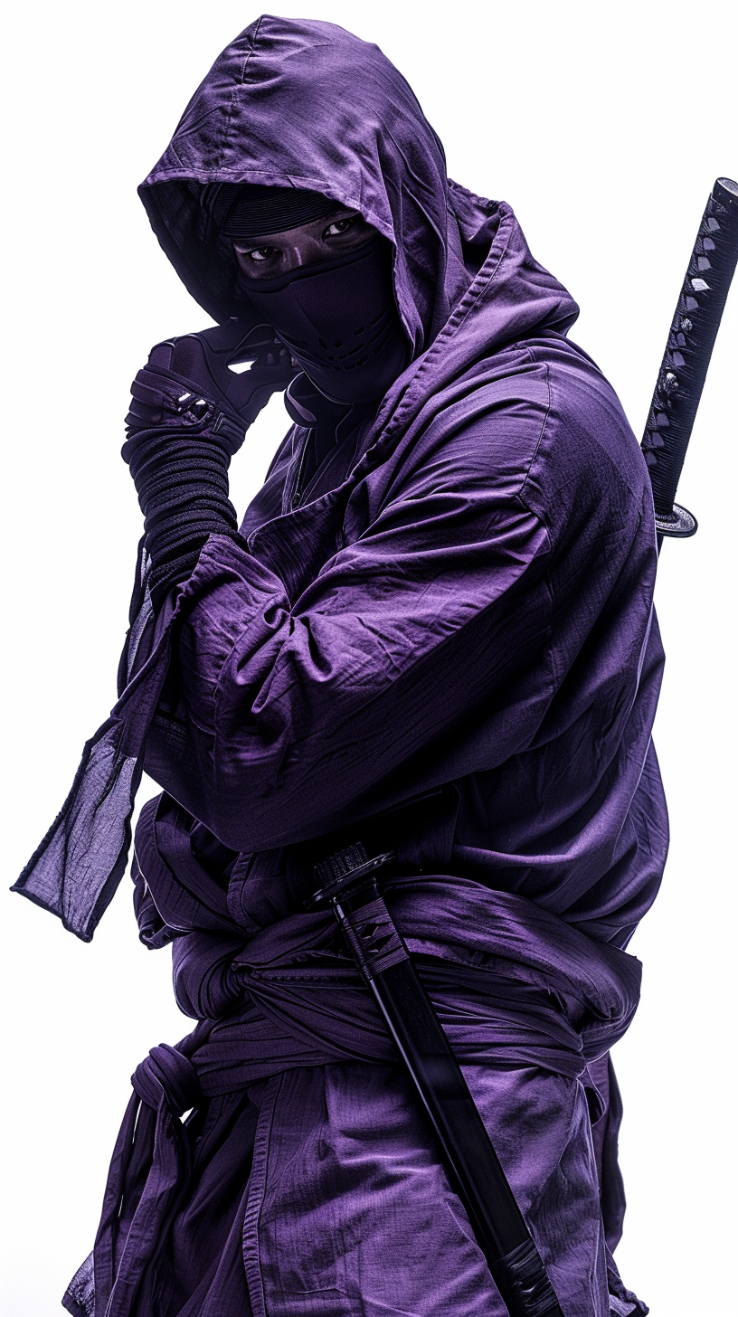 Confident businessman ninja in purple hooded suit, mysterious gesture.