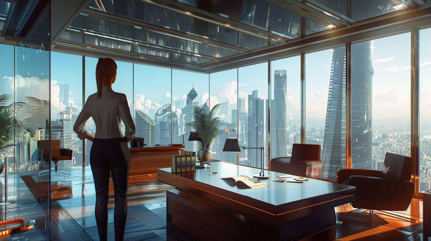 Confident businesswoman in modern office, city view, hd quality.