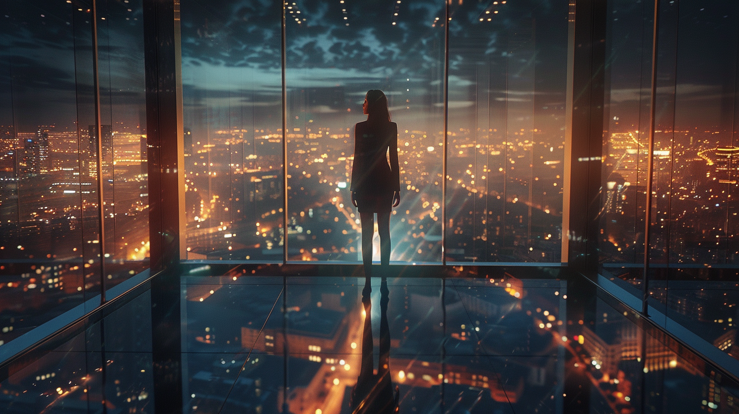 Confident businesswoman in modern office overlooking city lights.