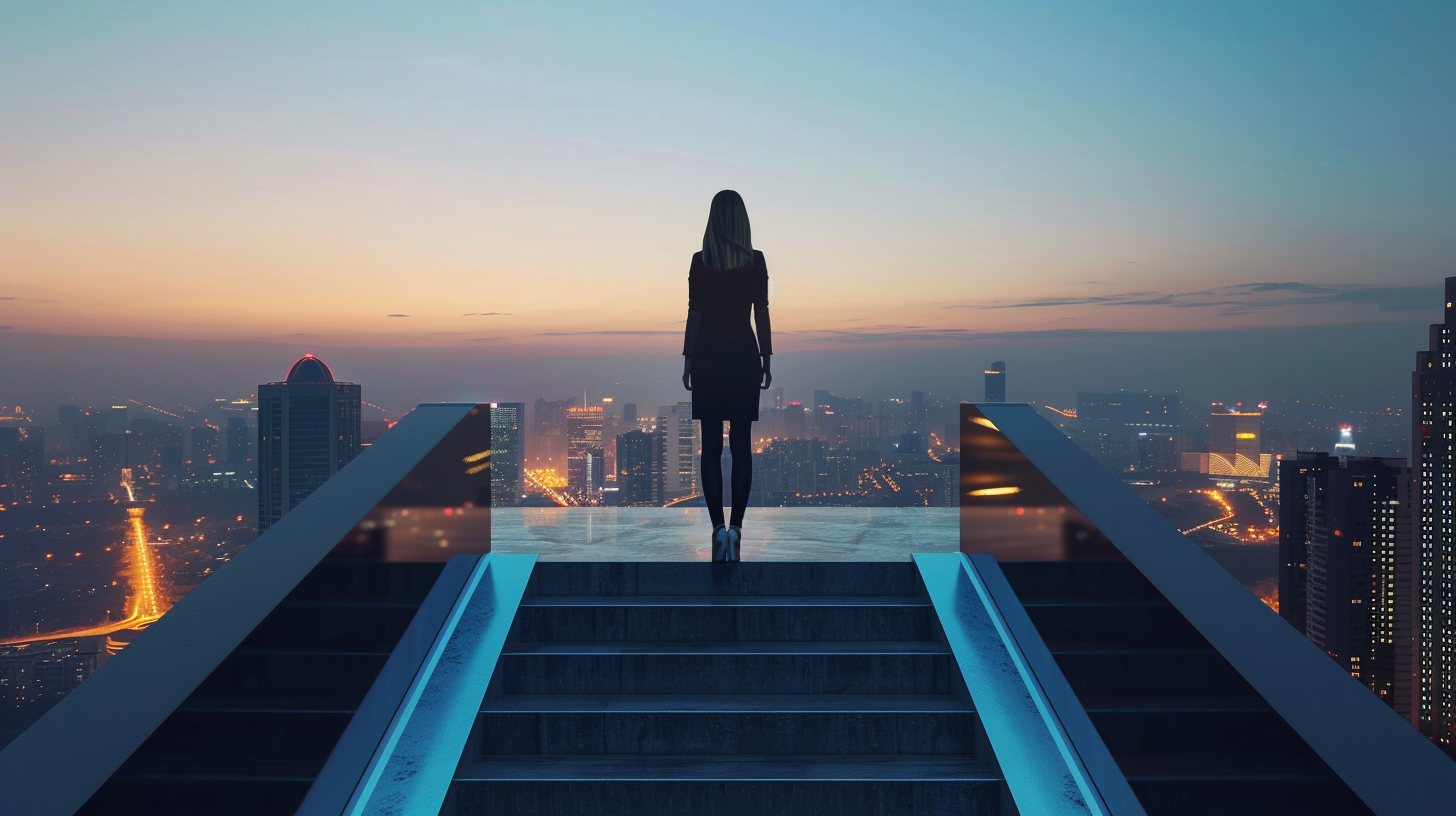 Confident businesswoman in sharp suit overlooking city lights.