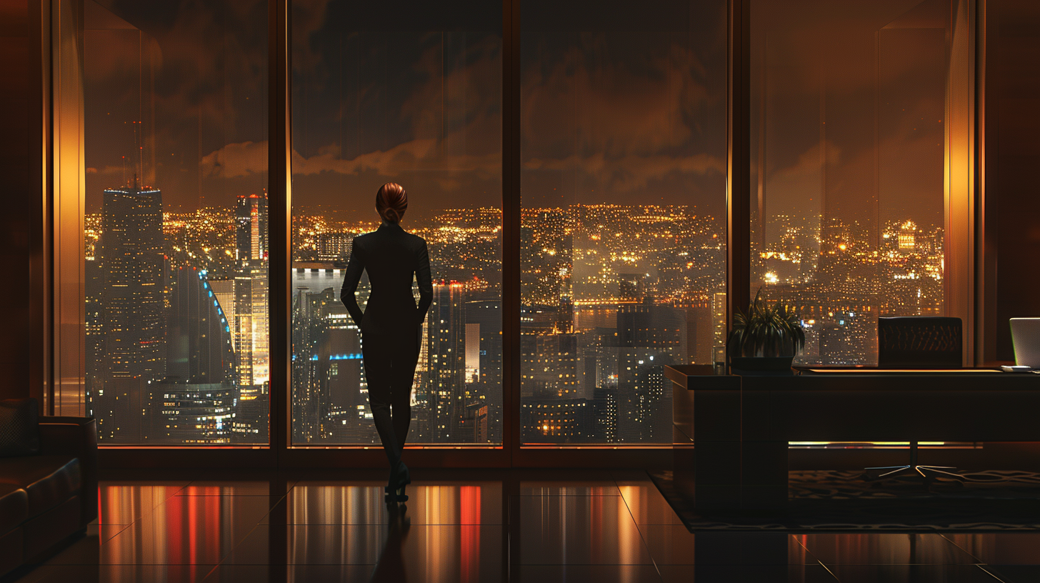 Confident businesswoman views city lights from modern office.