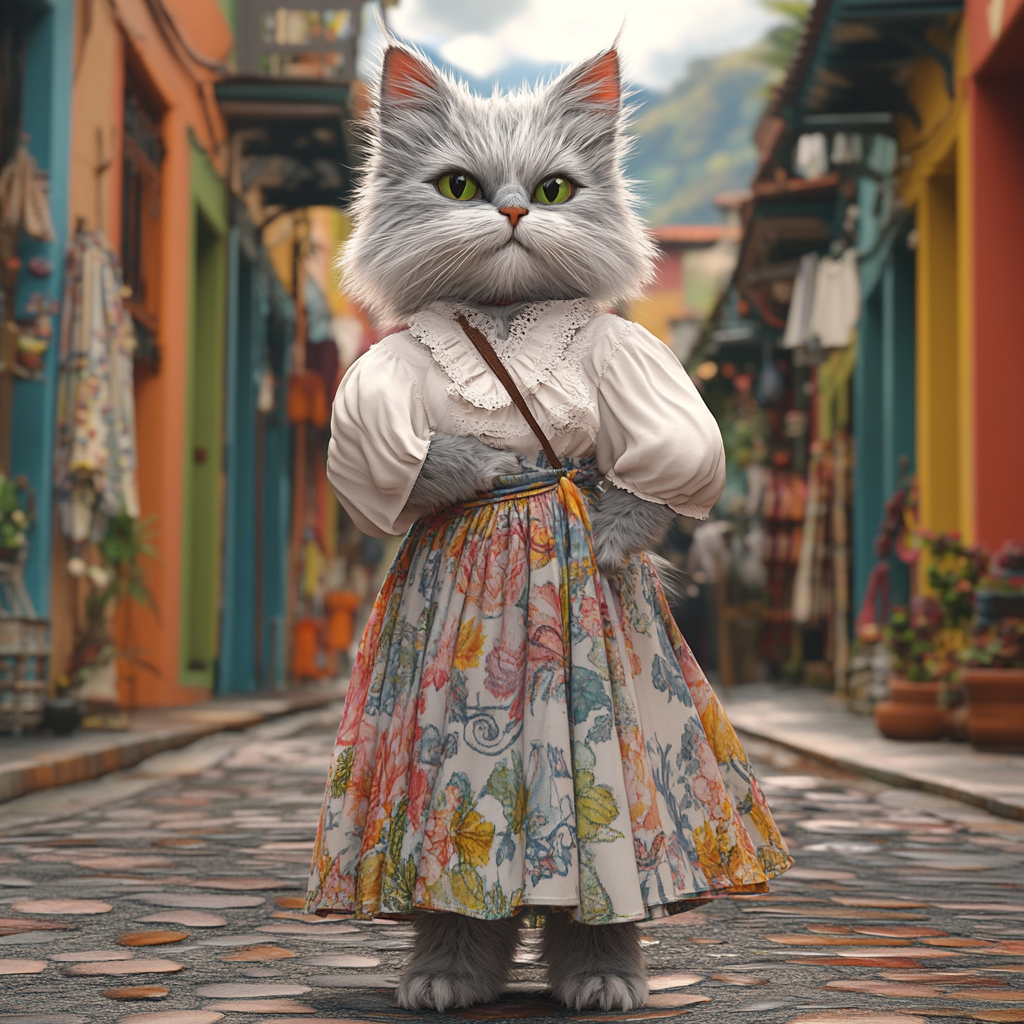 Confident cat in boho outfit on Venezuelan street.