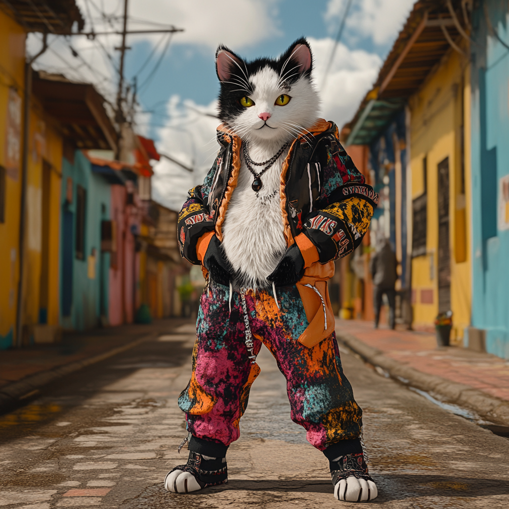 Confident cat in streetwear, fur with black patches.