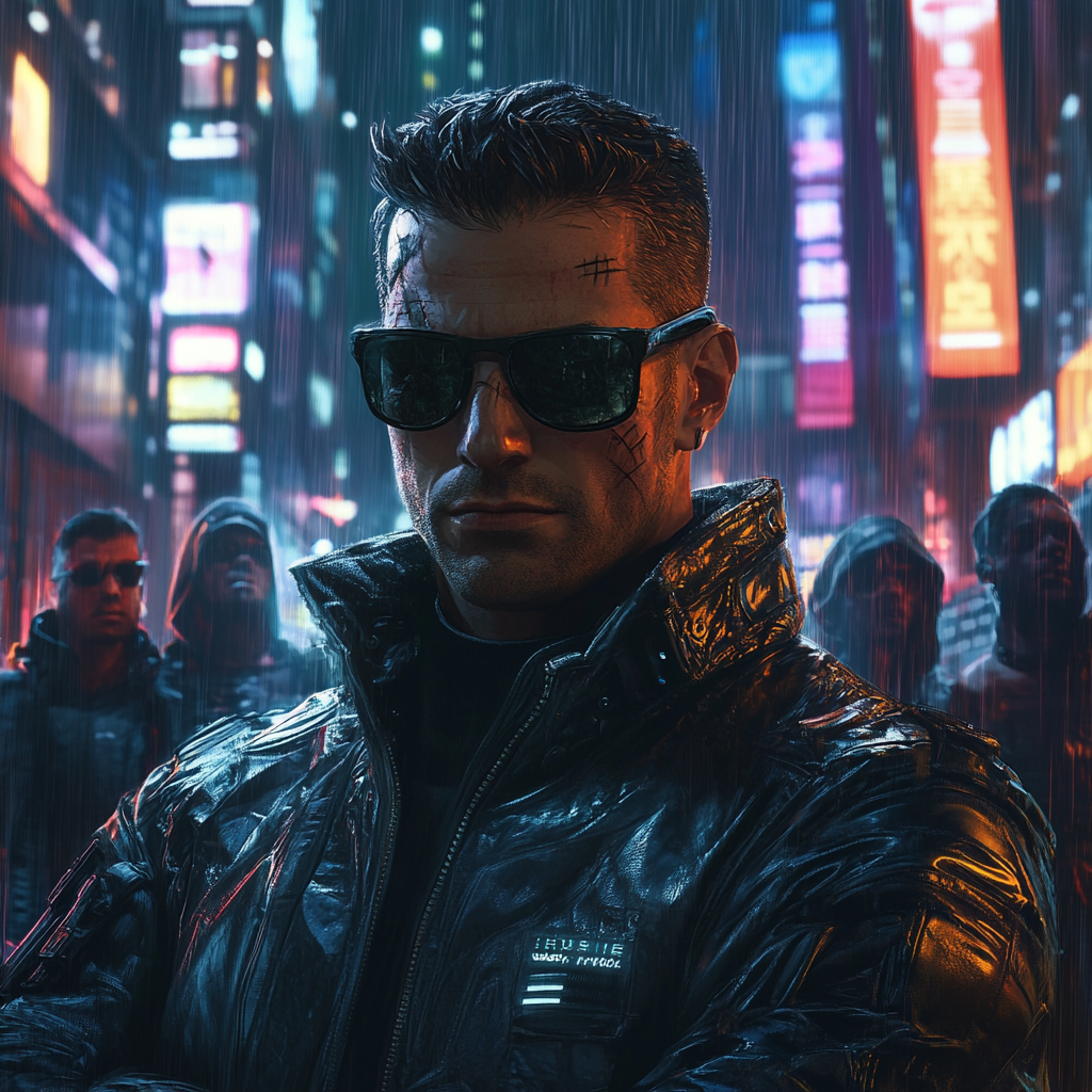 Confident cyberpunk character wears black leather jacket. Neon city.