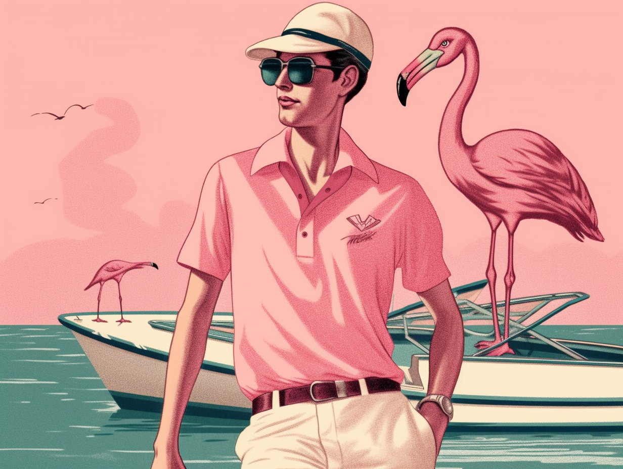 Confident flamingo in retro 80s style on yacht.