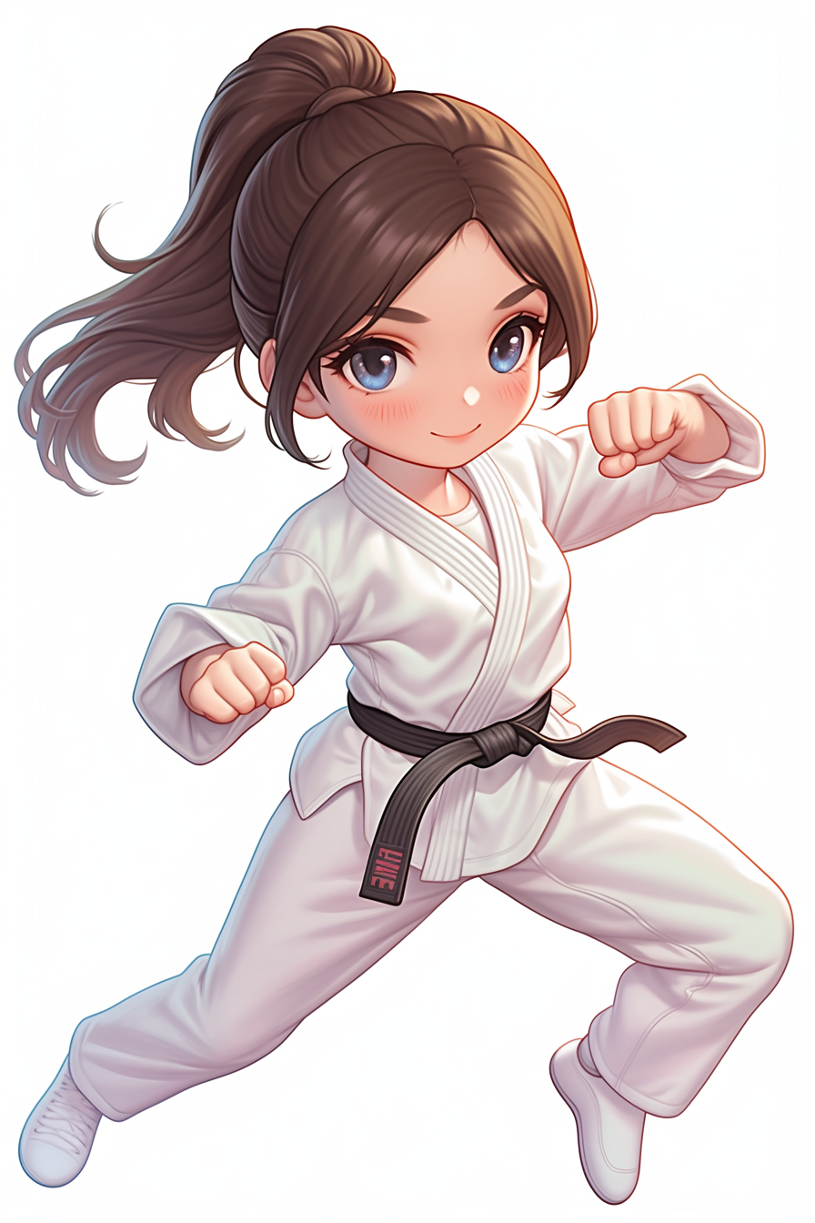 Confident girl practicing martial arts in kawaii style