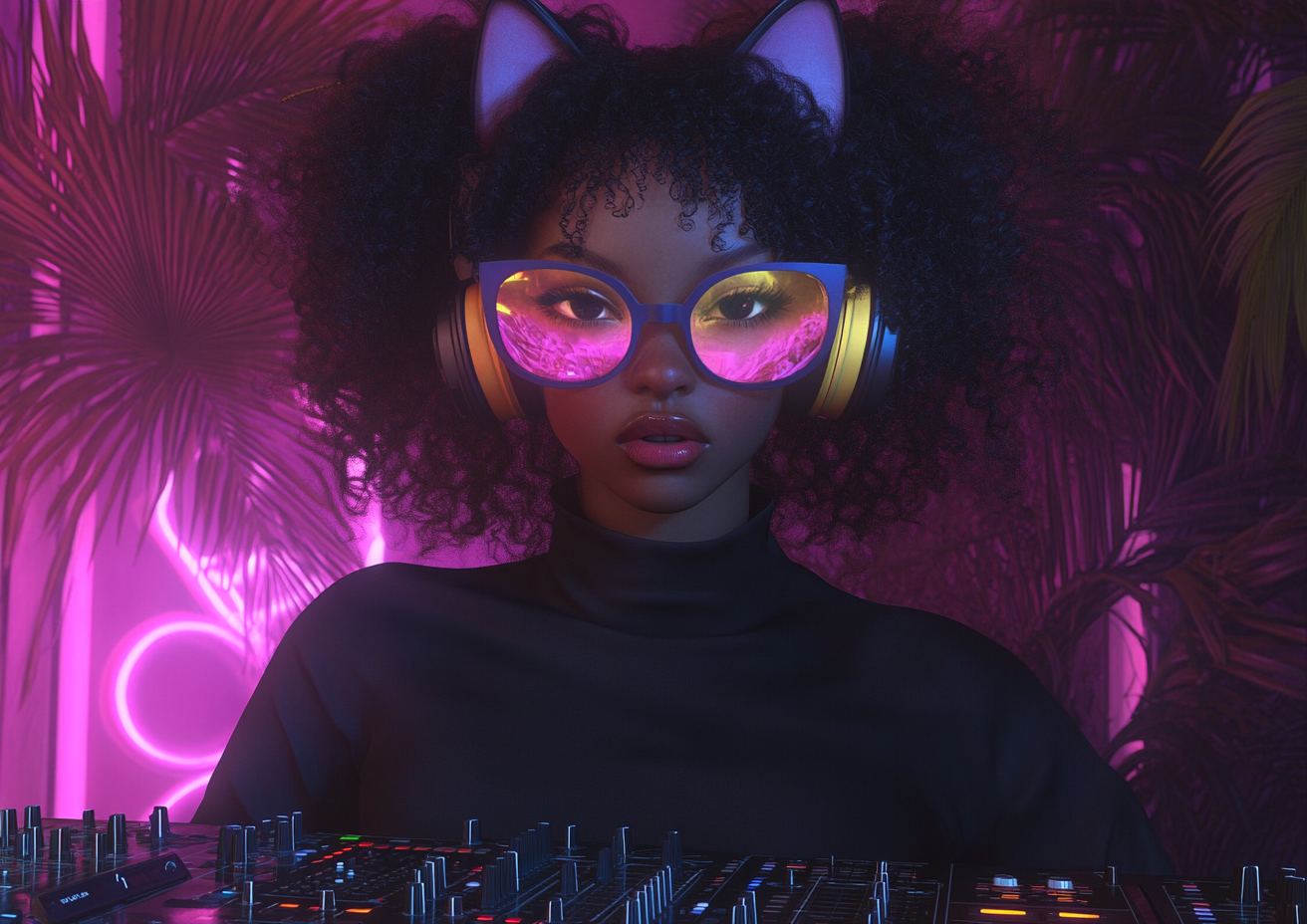 Confident kawaii punk catgirl DJ in neon jungle setting.