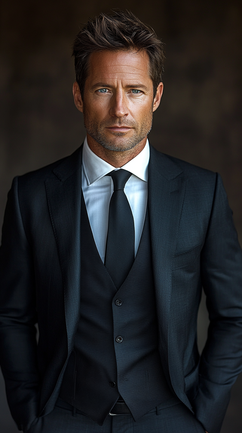 Confident man in black suit resembling David Duchovny