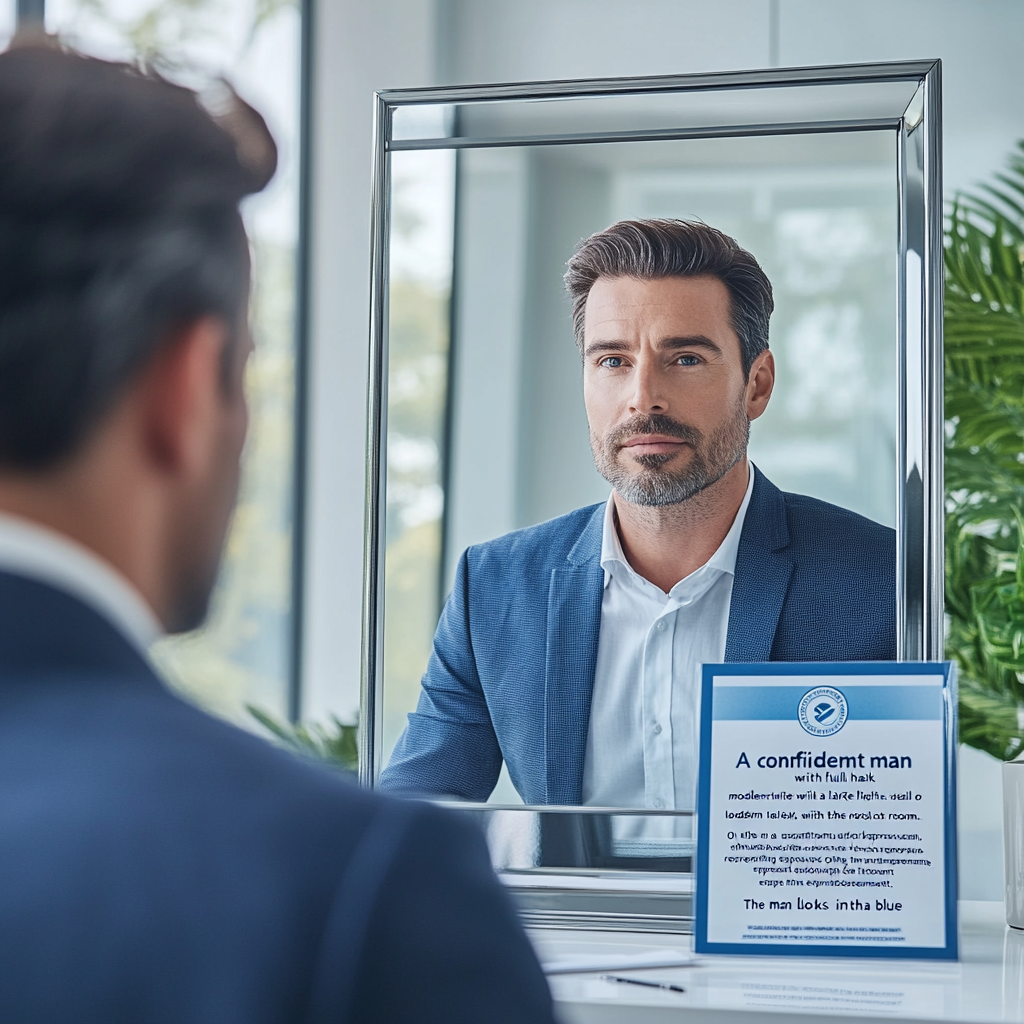 Confident man in office with full hair endorsement seal.