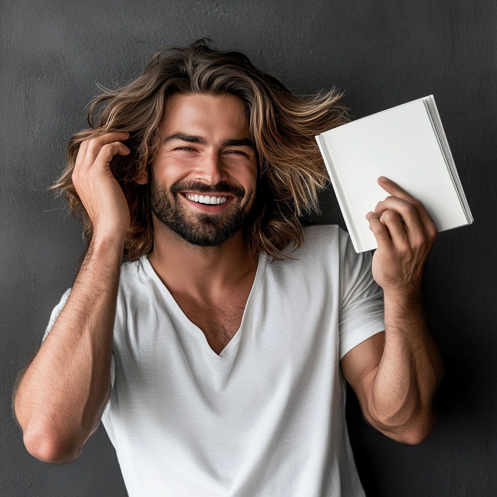 Confident man with thick, healthy hair holds book mockup.