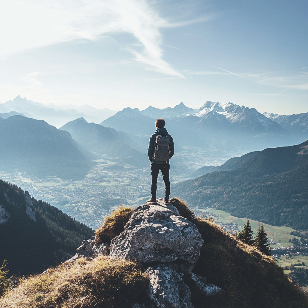 Confident person on mountain peak feels serene.