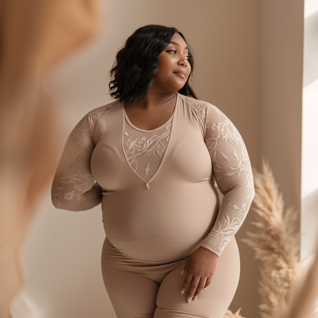 Confident plus-size woman in elegant lace bodysuit.