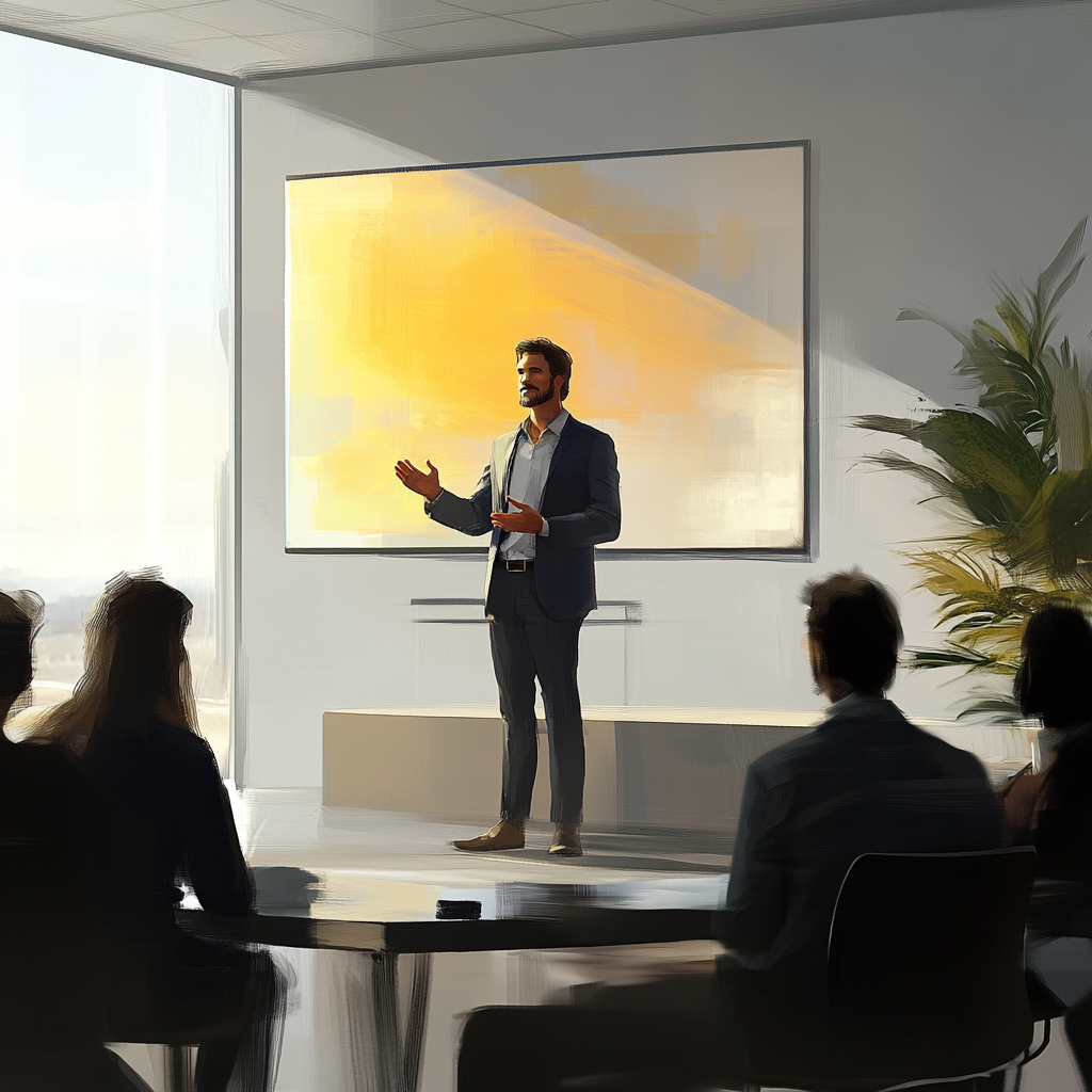 Confident professional presenting in modern office setting