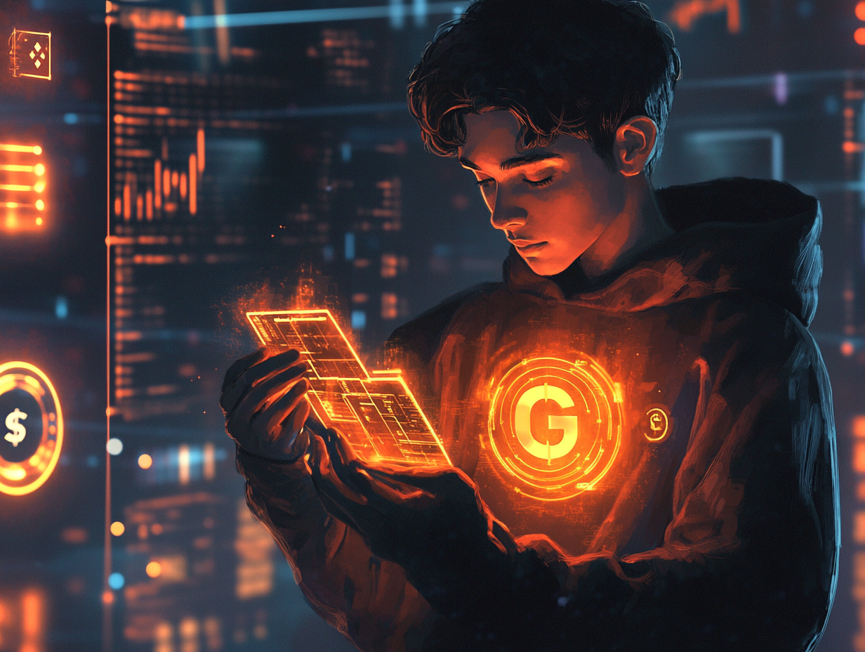 Confident programmer holds Rust logo in digital art