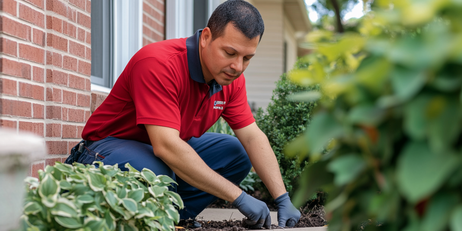 Confident technician inspecting home for rodent entry points.