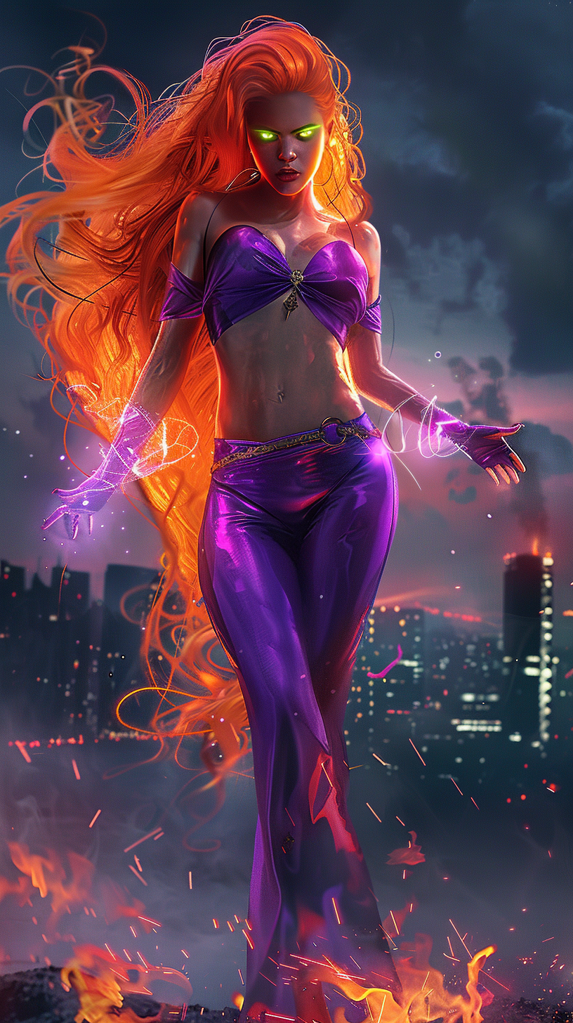 Confident unmasked Starfire in purple outfit, glowing orange hair.