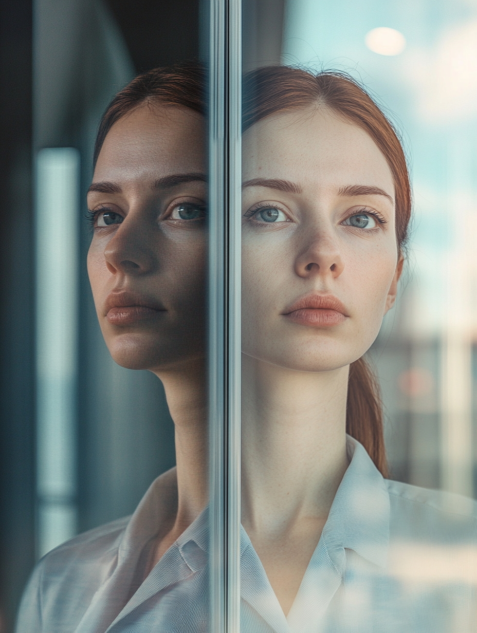 Confident vs Stressed office worker's reflection in building.