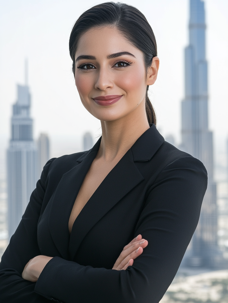 Confident woman in black suit poses in Dubai.