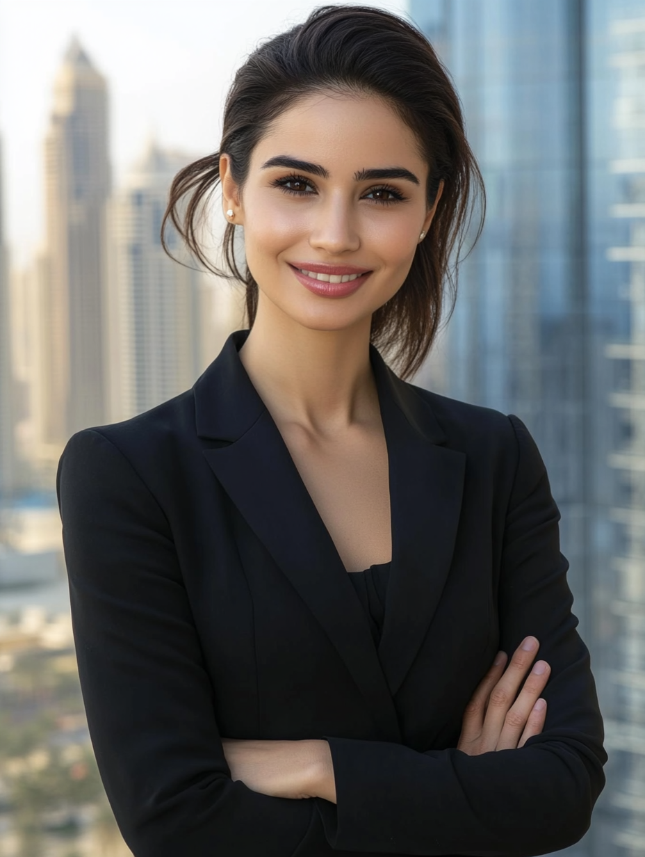 Confident woman in black suit posing in Dubai -ar 3:4