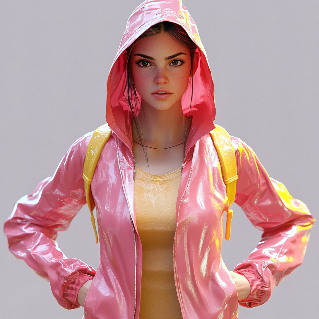 Confident woman in pink raincoat in attacking pose visualized.