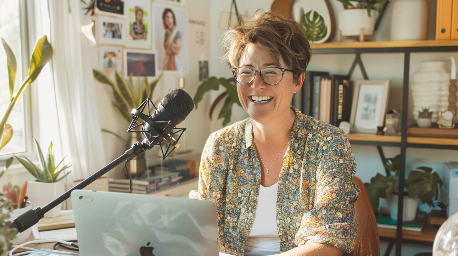 Confident woman joyfully records podcast in chic office.