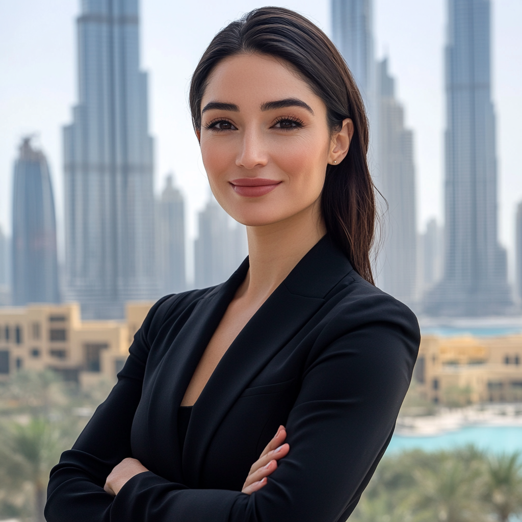 Confident woman smiling at camera with Burj Khalifa view.