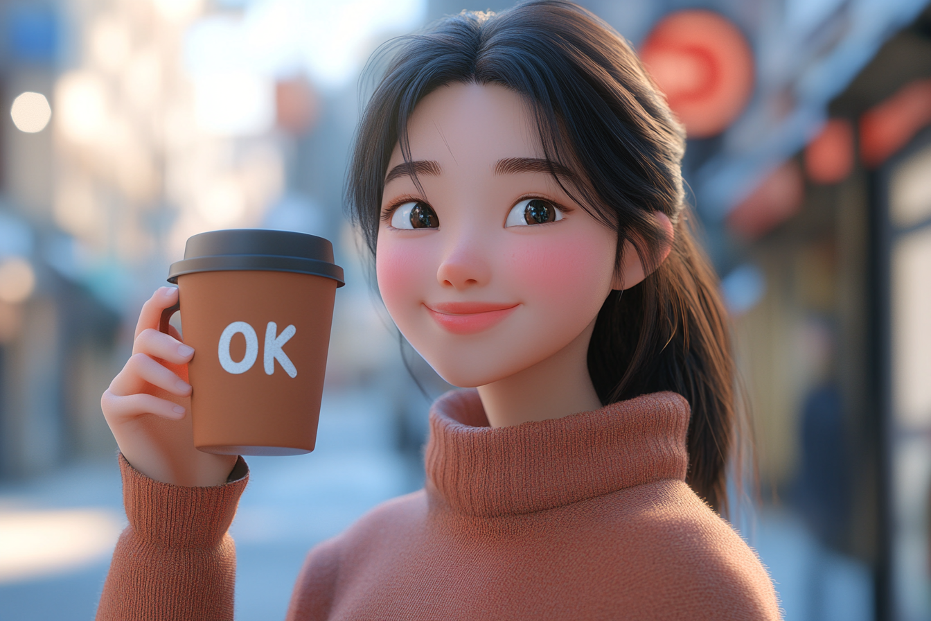 Confident young Korean woman enjoys coffee warmly