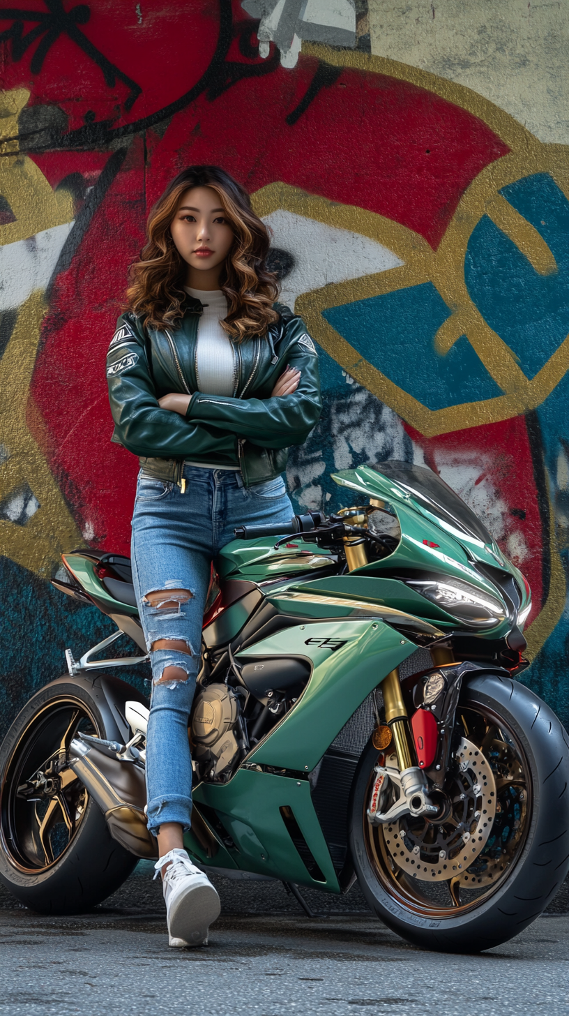 Confident young woman posing with MV Agusta F4