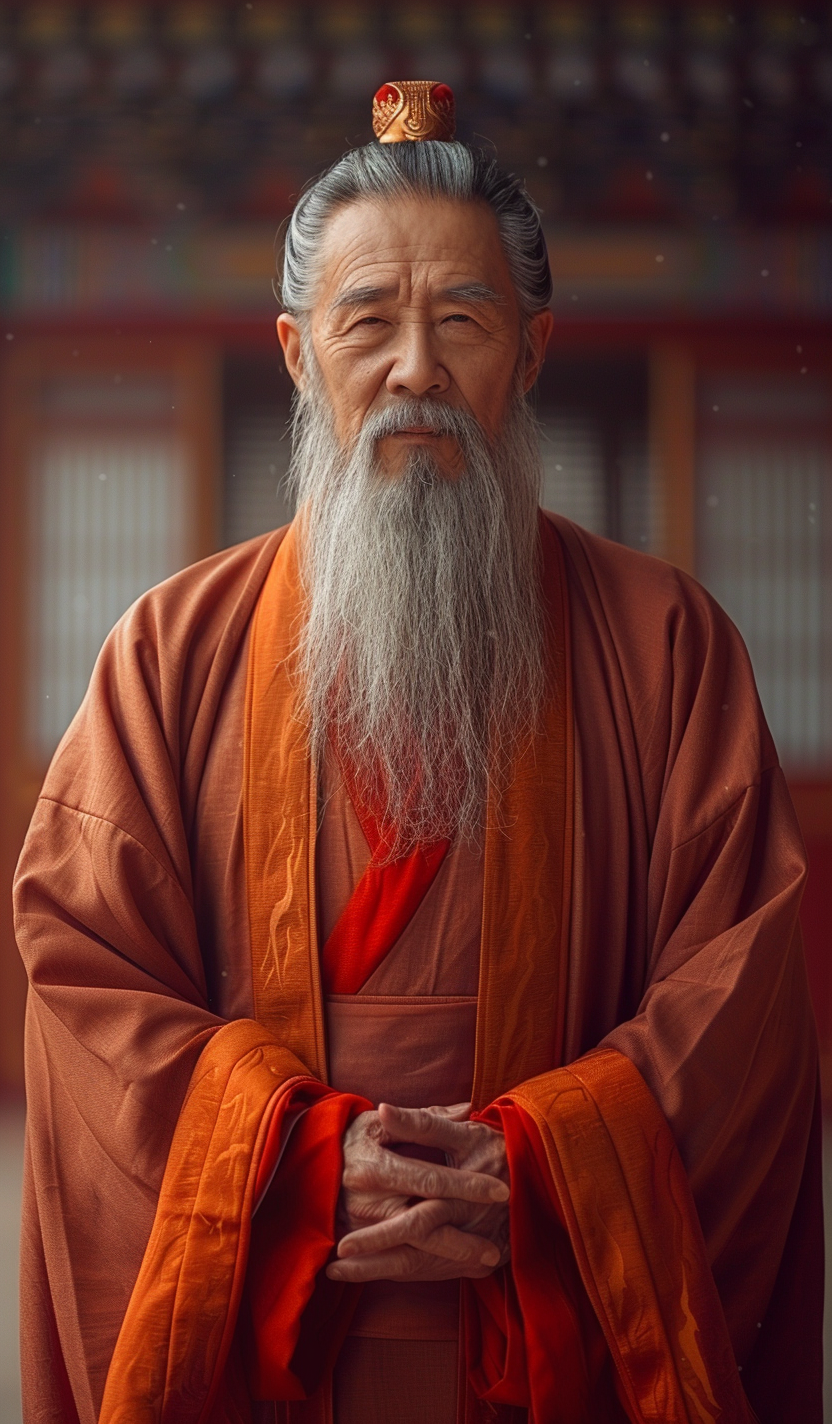 Confucius in ancient attire pondering thoughtfully