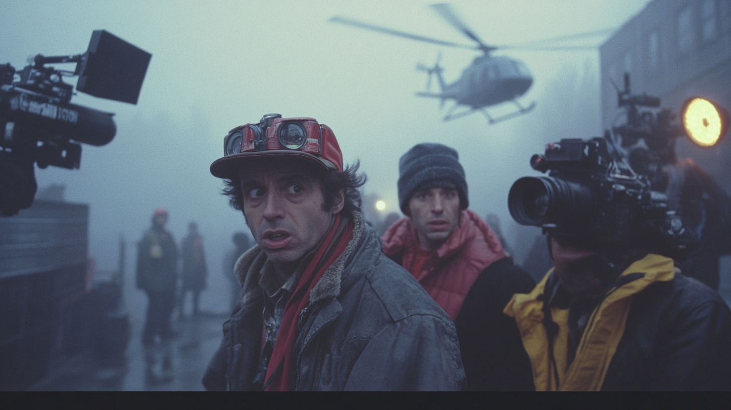 Confused 1982 film crew on foggy loading dock.